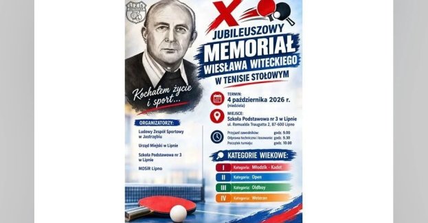 X Jubileuszowy Memoriał Wiesława Witeckiego w Tenisie Stołowym odbędzie się 4 października 2026 r. w Szkole Podstawowej nr 3 w Lipnie.